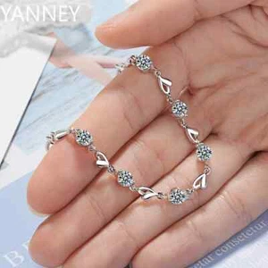 925 Silver Zircon Heart Shaped Bracelets crystals Women Wedding party Jewelry - Picture 1 of 4