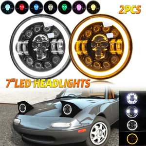 2x Round 7'' inch LED Headlights RGB Skull DRL For 90-97 Mazda NA Miata MX5 MX-5 - Picture 1 of 9