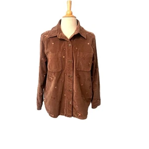 Driftwood Shayna Cord Shirt Top Large Embroidered Flowers Lt Brown Shacket - Bild 1 von 11