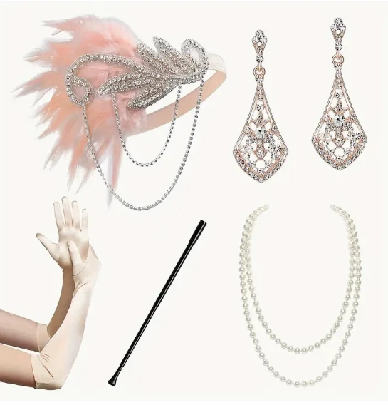 ACCESORIO FLAPPER - Juego de 5 accesorios Flapper años 20, diadema rosa Foto 1 de 3