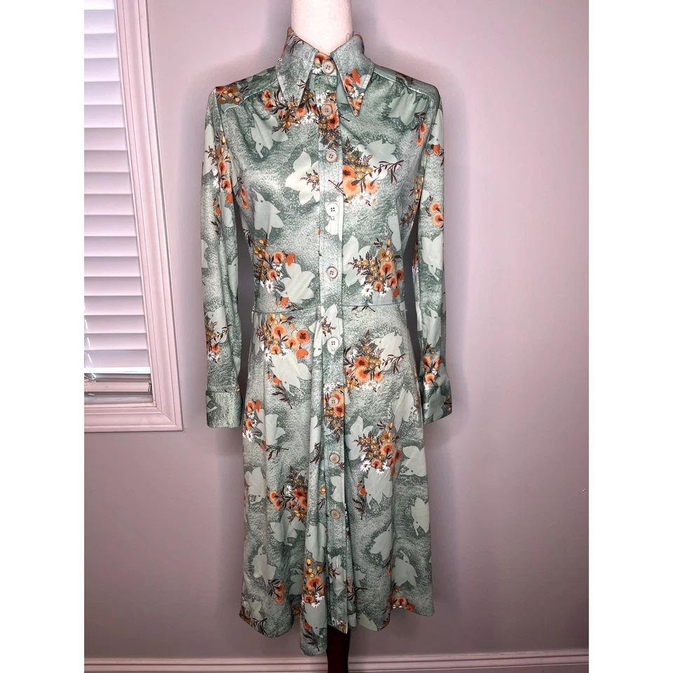Vestido Disco Montgomery Ward Años 70 Naranja Verde Menta Otoño Floral Cuello Daga M Foto 1 de 4