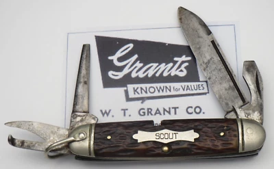 Antique 1920 CRUCIBLE KNIFE CO NY - Made for WT Grant - Scout Utility Knife Bone - Image 1 of 4