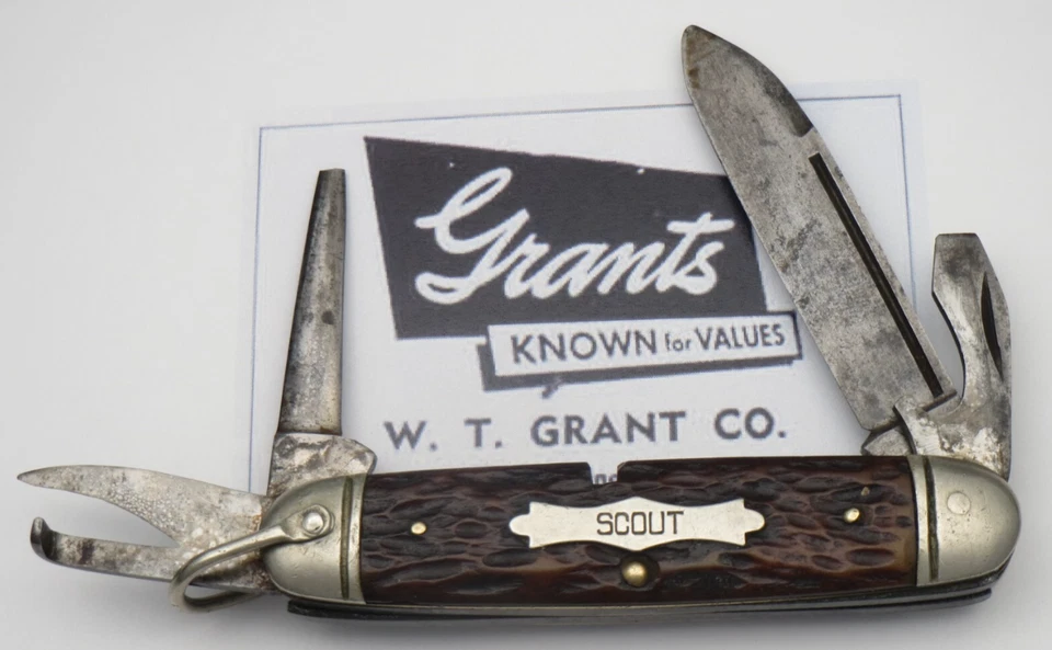 Antiguo NAVAJA CRISOL 1920 CO NY - Hecho para WT Grant - Scout Cuchillo Utilitario Hueso Foto 1 de 4