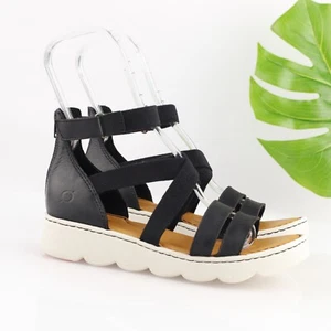 Born Womens Sandal Size 9 Black Leather Platform Strappy Gladiator Zip Shoe - Picture 1 of 14