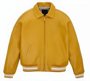 Men's Avirex USA Yellow American Flight Elastic Waist Bomber Leather Jacket - Picture 1 of 2