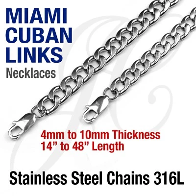 Collar de cadena de eslabones cubanos Miami de acero inoxidable 316L 14-48" color plata Foto 1 de 3