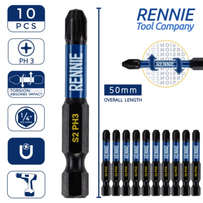 RENNIE TOOL COMAPNY 10 x PH3 50mm Long Magnetic Impact Duty Screwdriver Drill Driver Bits Phillips 3