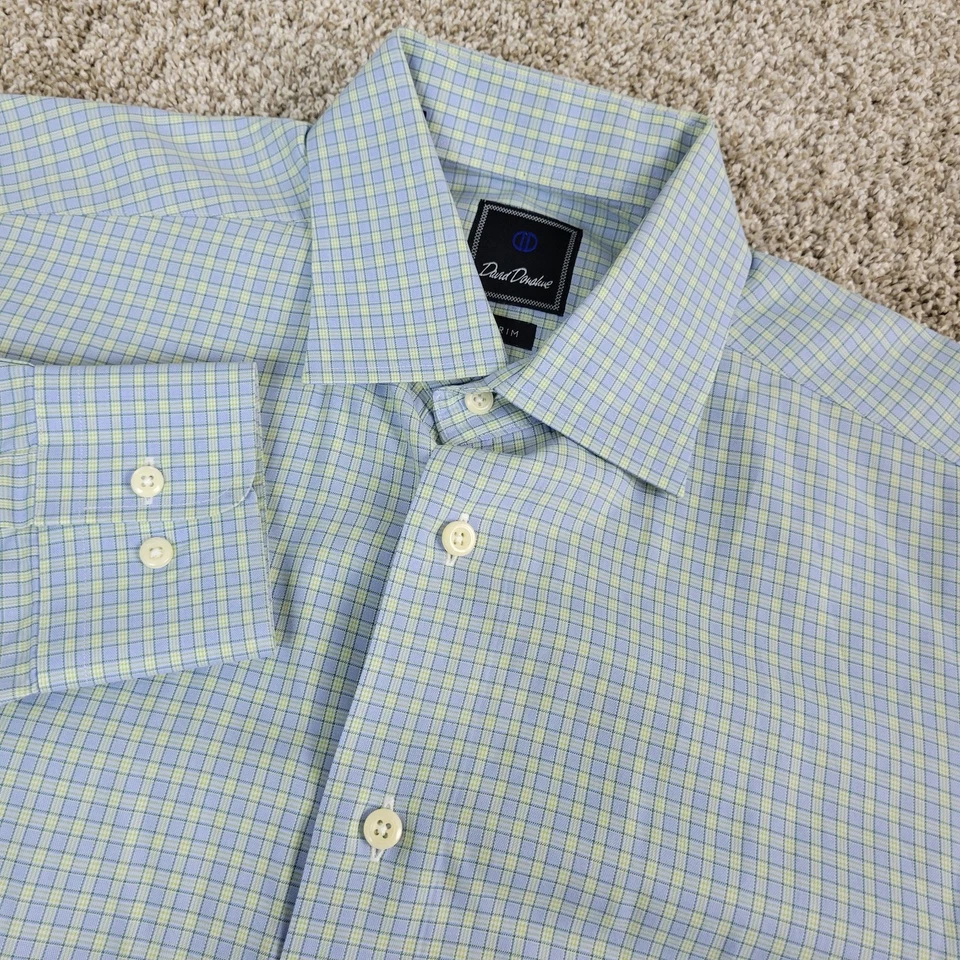 David Donahue Trim Hombre 16.5-32/33 Azul Cuadros Abotonados Manga Larga Foto 1 de 4