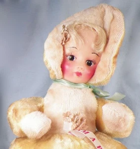 Pajama Doll Bag Girl Yellow Plush Gown & Hat Rubber Face 1960s Vintage Nice Cond - Picture 1 of 11