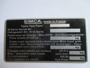 Simca 1000 1100 1500 1501 Typenschild Schild s87 s68/58 - Picture 1 of 1
