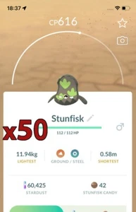 ¡Paquete de 50 Pokémon Galarian Stunfisk!! ¡Buena oportunidad de suerte y buenos IV!! Go - Imagen 1 de 1