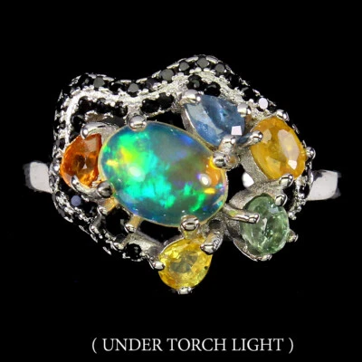 925 Anello Argento Sterling Ovale Fuoco Opale Spinello Zaffiro Gemma Gioielli - Immagine 1 di 4