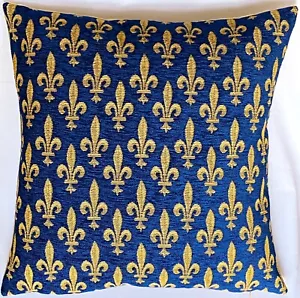 HIGH QUALITY 18" BELGIAN TAPESTRY CUSHION COVER BLUE GOLD, FLEUR DE LYS 8231/33 - Picture 1 of 5