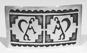 Big Old Signed Hopi 54.5g Hand Made 925 Silver 2 Kokopelli Kachina's Belt Buckle - Picture 1 of 7
