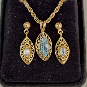 Topaz Pendant Necklace Pierced Earrings Set Vtg Blue Marquise Gold Tone 19.75" - Picture 1 of 16