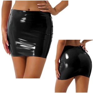 Womens Wet Look Faux Leather Pencil Skirt Elastic Waist Skinny Bodycon Miniskirt - Picture 1 of 103
