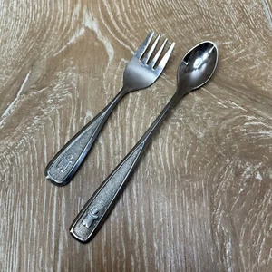 Vintage 80's The First Years Avon MA Deluxe Stainless Infant & Baby Spoon & Fork - Picture 1 of 3
