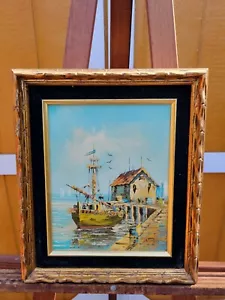 VINTAGE Signed MAYER Framed OIL? PAINTING ANTIQUE NAUTICAL MARINE Dock Port Boat - Picture 1 of 12