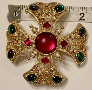 Stunning Byzantine/Moghul Maltese Cross Pin/Pendant, Glass/Emerald/Ruby/Sapphire - Picture 1 of 8