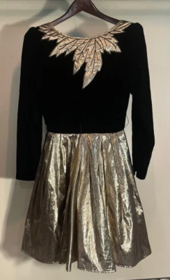 Vestido de Fiesta Victor Costa Vintage Años 80 Negro Terciopelo y Dorado Cojo Talla 6 Hojas Tul Foto 1 de 4