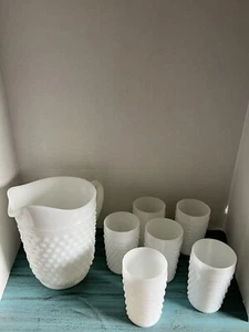 Anchor Hocking vtg hobnail milk glass pitcher set with 6 tumblers, excellent - Picture 1 of 4