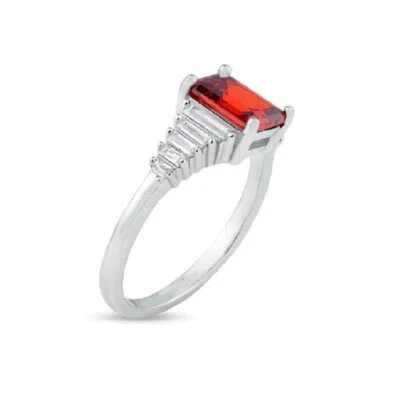 Argento Sterling Donna Anello W/Trasparente Baguette & Forma Quadrata Rosso e Cz - Immagine 1 di 4