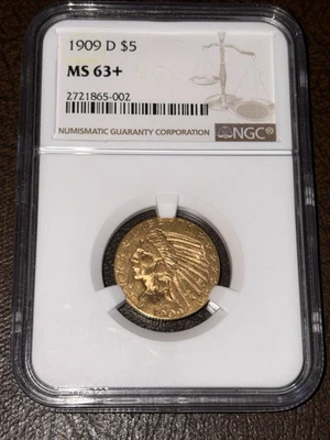 🔥1909-D $5 Gold Half Eagle Indian,NGC MS63+ HARD GRADE TO FIND, LOW BID START🔥 - Image 1 of 2