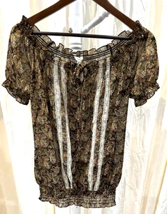 Maurices Y2K Paisley Boho Peasent Top Lace Brown Forest Fairy Coquette Size M - Picture 1 of 11