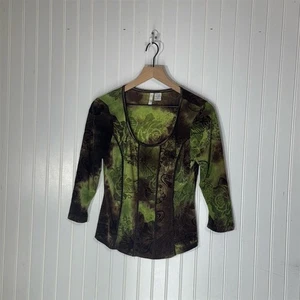 Sami + Jo Green Brown Sheer Burnout Top M Boho Witchy Earthcore Fall Floral - Picture 1 of 9