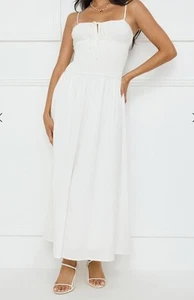 NEW TIGERMIST WHITE SHIRRED LINEN ALINE MAXI DRESS 10 14 - Foto 1 di 3