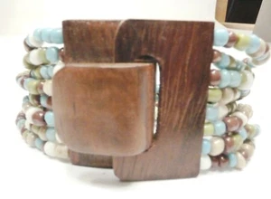 A8) Turquoise, Green, & Brown, 8 Strand Seed Bead Glass Bracelet w/ Wood Clasp - Picture 1 of 5