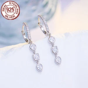925 Sterlingsilber CZ Ohrringe rund quadratisch Huggie Dangle Drop für Frauen Party - Bild 1 von 7