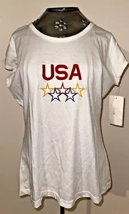 New Vintage Womens White T Shirt USA with Stars Cotton S M L XL Embroidered - Picture 1 of 9