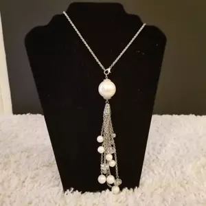 Long Silver + Pearl Tassel Necklace - Picture 1 of 7