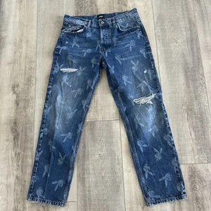 Playboy denim jeans Logo Bunny USA 32 High Rise Wide Distressed Button Fly 90s - Picture 1 of 13