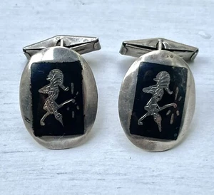Vintage Siam Sterling 925 Silver 9g Thai Niello Oval Cufflinks - Picture 1 of 7