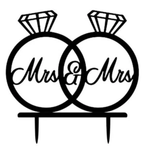 MRS & MRS WEDDING CAKE TOPPER-WOMEN/GAY/BRIDES RINGS-BLACK ACRYLIC SIGN-14x11CM - Picture 1 of 1