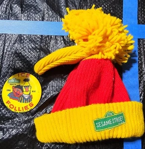 Sesame Street BIG BIRD Pom Pom Beanie Pink Eyes - Vintage with Ice Follies pin - Picture 1 of 3