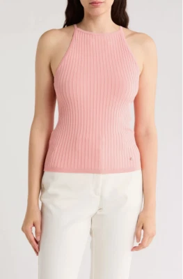 TED BAKER ~ новый! Новый с Ярлыками размер 0 XS ~ румяна коралловый розовый! КОРОБКА ВЯЗАНЫЙ РЕБРИСТЫЙ Cami бак c25 - Изображение 1 из 3