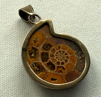 Collar colgante fósil de amonita de plata 925 marrón hecho a mano Foto 1 de 4