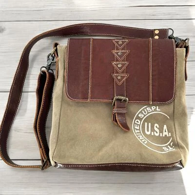Myra Bag Sage Green Canvas and Brown Leather Messenger Tote Crossbody Bag - Image 1 of 4