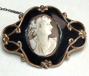 9CT Gold Mourning Brooch Set with a Cameo Enamelled
