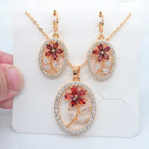 18K Gold Filled Red Topaz Oval Flower Earrings & Pendant Wedding Jewelry Set - Picture 1 of 6