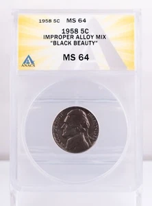 Error 1958 Jefferson Nickel ANACS MS64 "Black Beauty" Improper Alloy Mix 5c - Picture 1 of 4