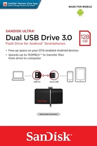 SanDisk Ultra Dual 128GB up to 150MB/s Standard Black USB 3.0 Flash Drive -UK - Afbeelding 1 van 5