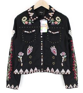 DESIGUAL Chaq Ferrara Women Button Jacket Sized 40 Floral Embroidery Detailed