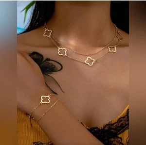 Gold Clover Chain Necklace & Bracelet Set - Picture 1 of 3