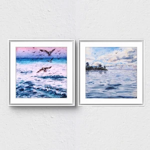 Diptych Miniature Art Original Watercolor Painting Seascape Seagull Decor Gift - Picture 1 of 16