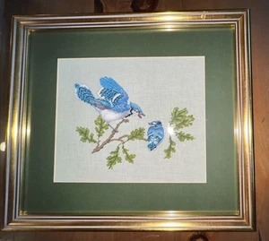 Cross Stitched Blue Jays Framed Gold 14.25” X 12.75” - Picture 1 of 11