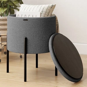 Round Boucle Ottoman w/ Storage, Foot Stool Seat for Makeup Vanity & Living Room - Picture 1 of 23